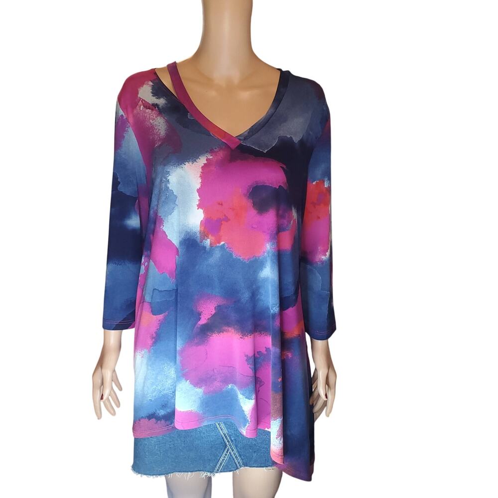 Clara Sun Woo Size L Watercolor Asymmetrical Tunic Top V Neck Maximalist